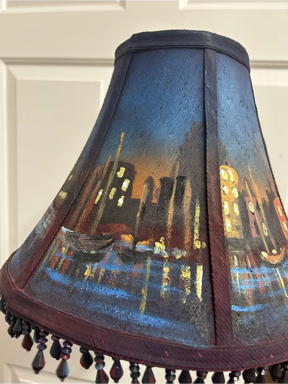 Unique Hand-Painted Blue and Purple Cityscape Fabric Lamp Shade decor